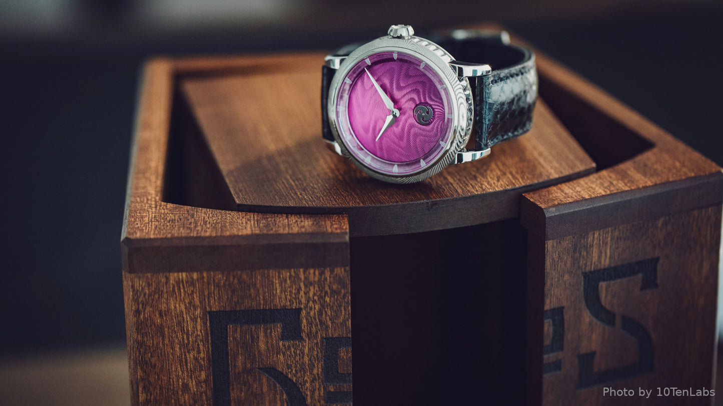 GoS Norrsken w/ Damascus Case & Bezel, Fuschia Guilloché dial by Jochen Benzinger (Pre-Order) (Copy)