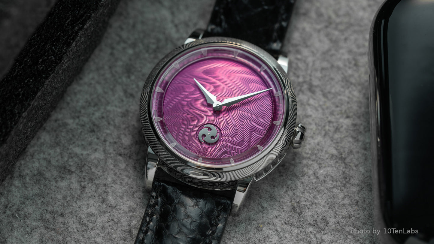 GoS Norrsken w/ Damascus Case & Bezel, Fuschia Guilloché dial by Jochen Benzinger (Pre-Order) (Copy)