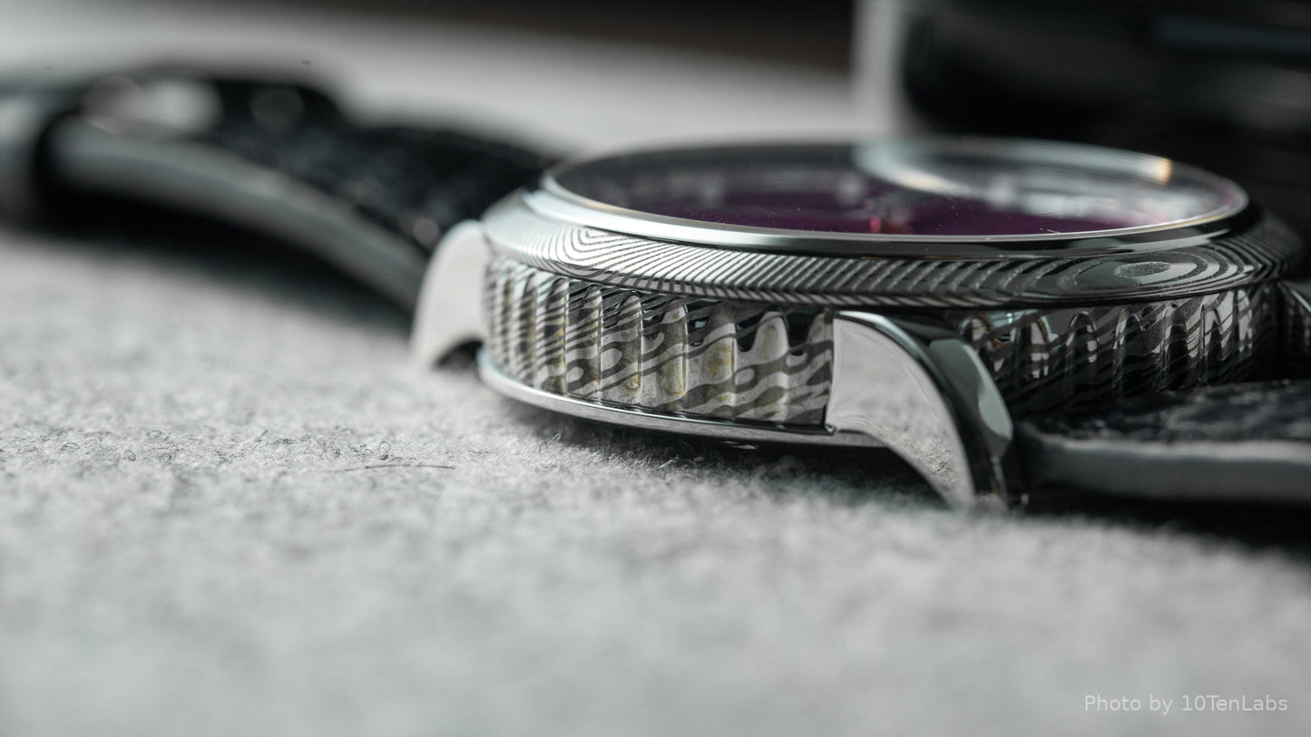GoS Norrsken w/ Damascus Case & Bezel, Fuschia Guilloché dial by Jochen Benzinger (Pre-Order) (Copy)