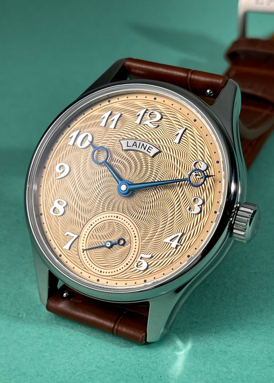 Laine "Gelidus Guilloche" Golden/Salmon Dial w/ Black Polished Cocks & Custom Breguet style hands - Serial #8235 (NOS)