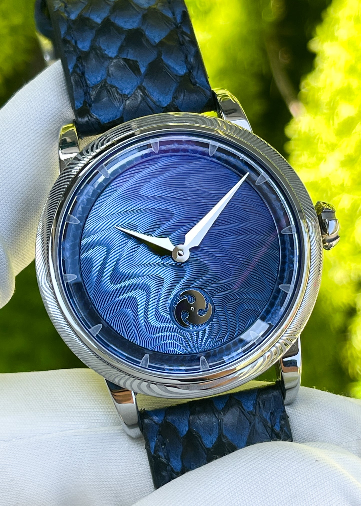 GoS Norrsken w/ Damascus Case & Bezel, Blue Guilloché dial by Jochen Benzinger (Pre-Order)