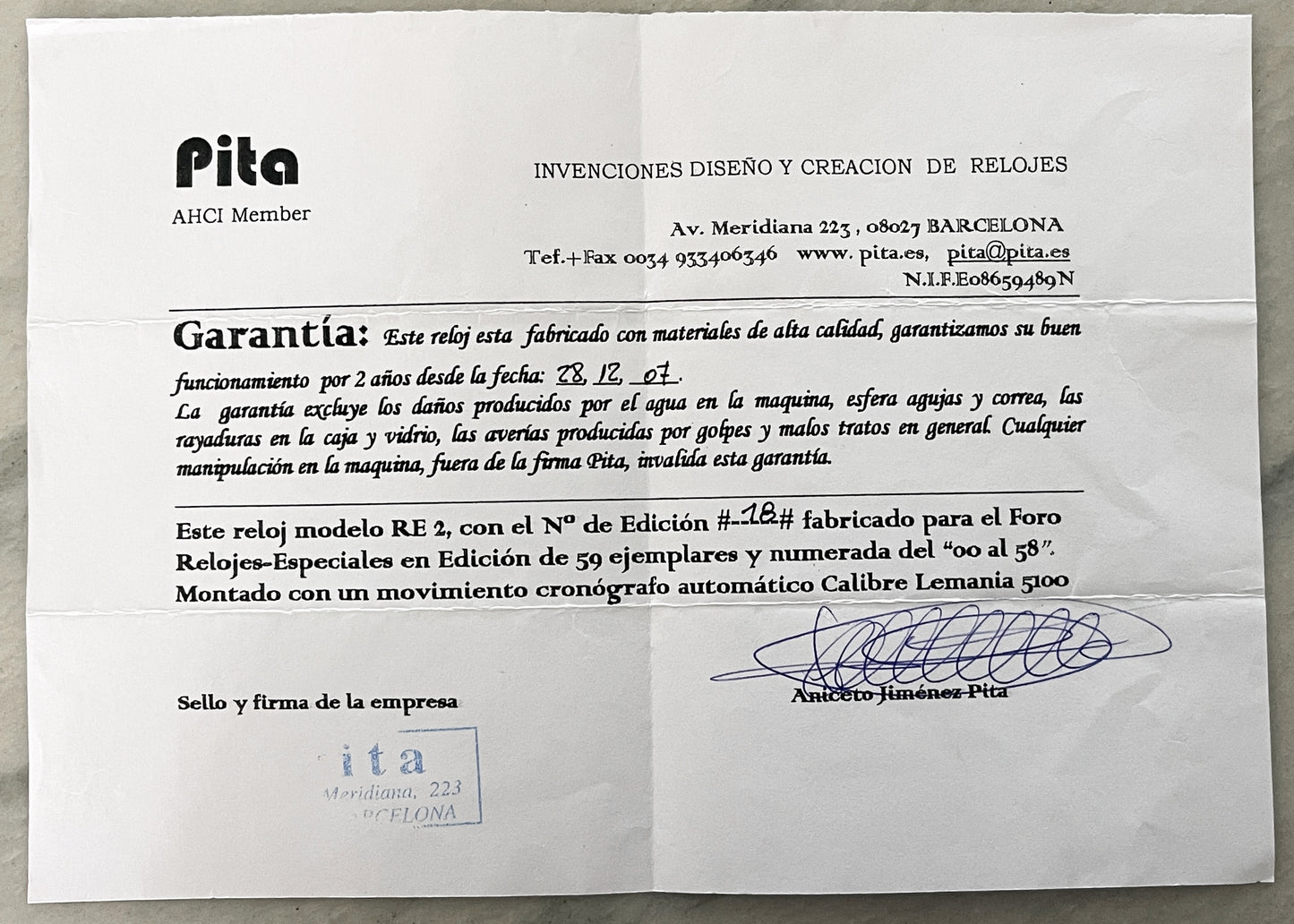 PITA Barcelona "RE 2" Chronograph - Special Edition #18/58 (Pre-Owned)