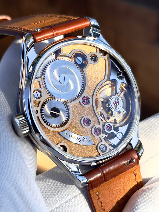 Laine "Gelidus Guilloché" Golden/Salmon Dial w/ Black Polished Cocks & Custom Breguet style hands - Serial #8235 (NOS)