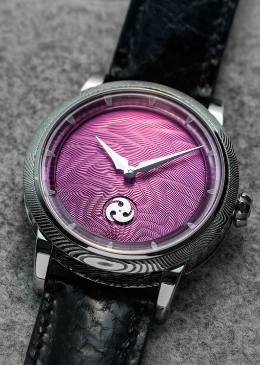 GoS Norrsken w/ Damascus Case & Bezel, Fuschia Guilloché dial by Jochen Benzinger (Pre-Order) (Copy)
