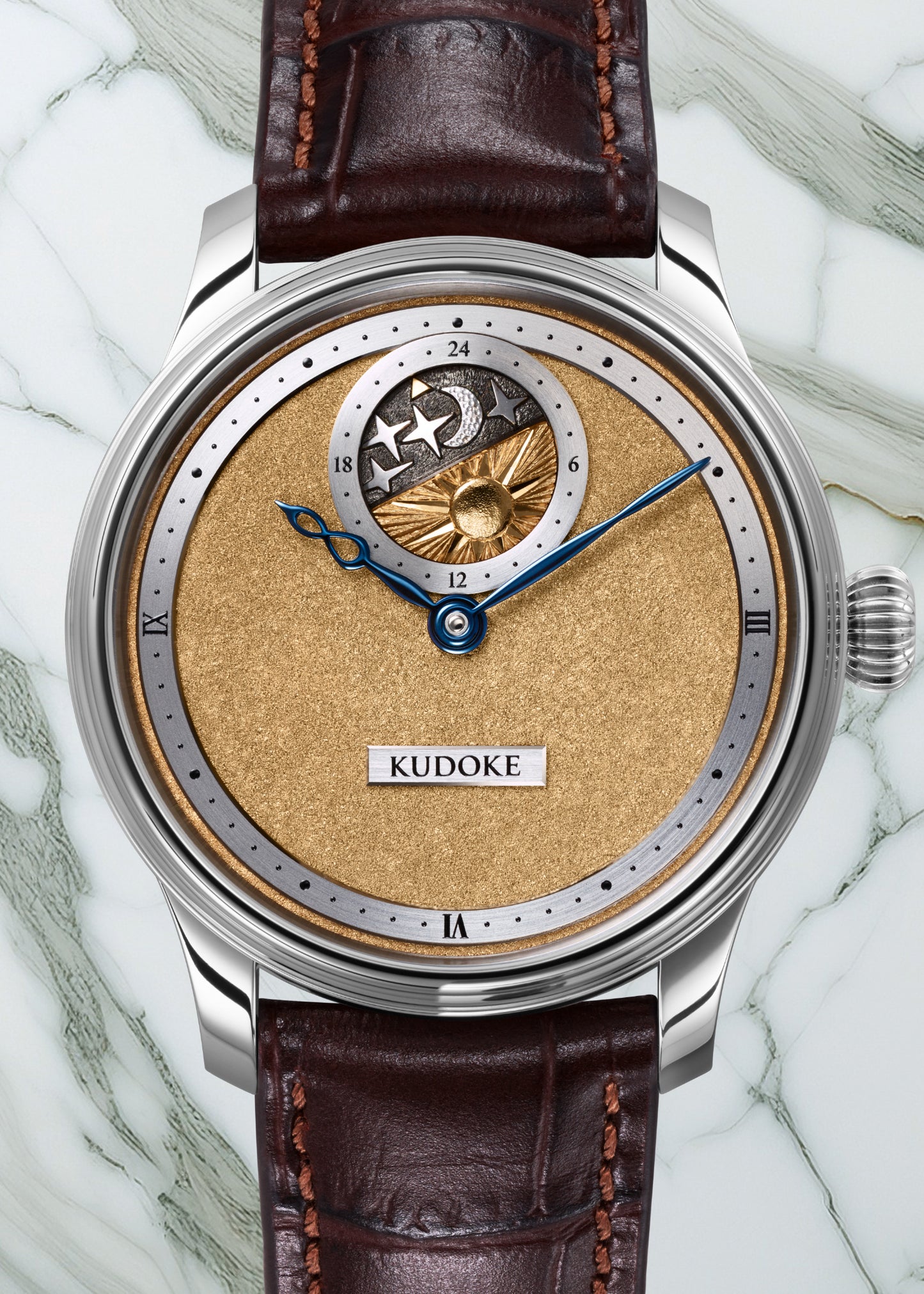 KUDOKE "Kudoke 2" w/ Champagne Tremblage Dial, Yellow Gold Plated Movement w/ Floral Engraving and Skeletonized Bridge - Mocha Alligator w/ Deployant Buckle - Serial #985